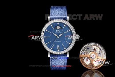 AAA Copy TW Factory IWC Portofino Blue Dial Diamond Bezel Blue Leather Strap Watch 